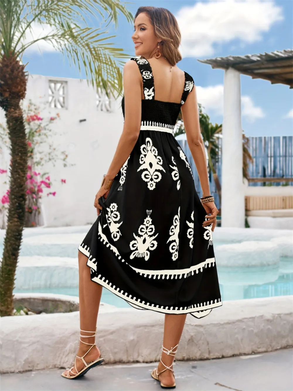 Printed Square Neck Wide Strap Midi Dress, image 4