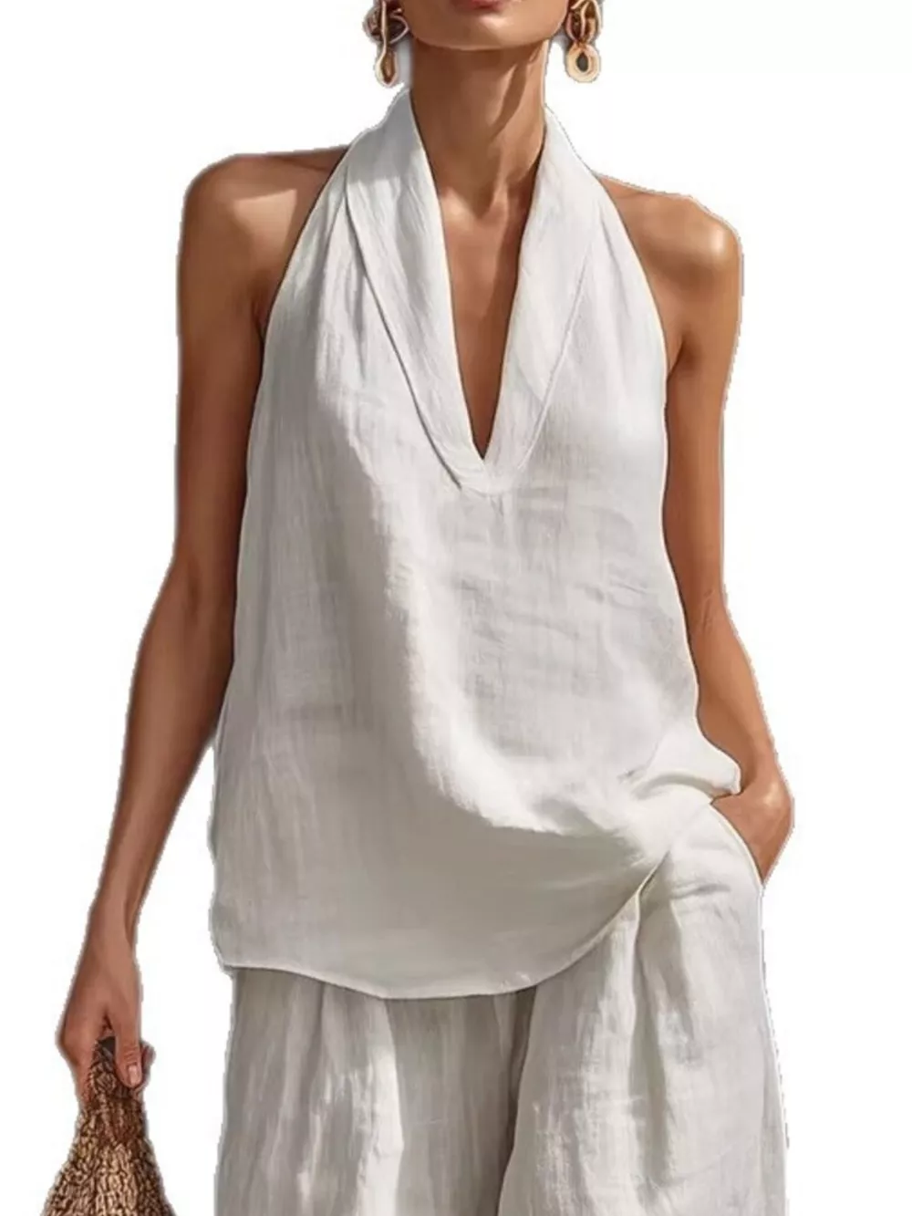 Full Size Halter Neck Top and Wide Leg Pants Set Plus Size, image 3