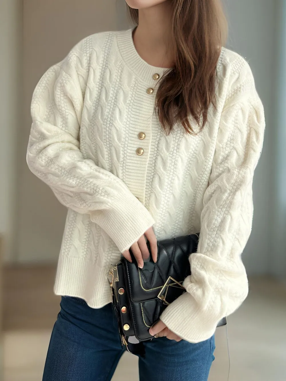 Cable-Knit Round Neck Long Sleeve Cardigan, image 5