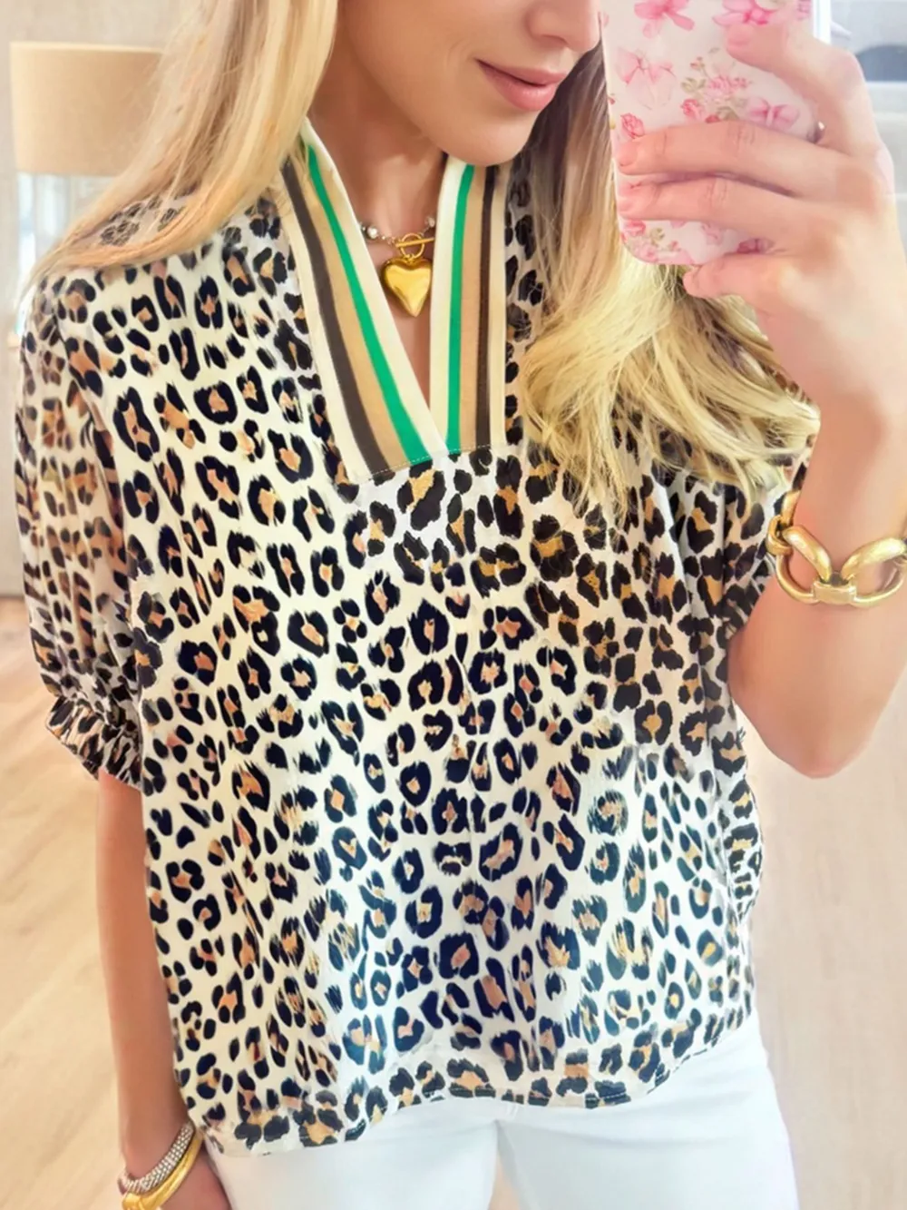 Leopard Print Notched Blouse with Striped Trim, image 3