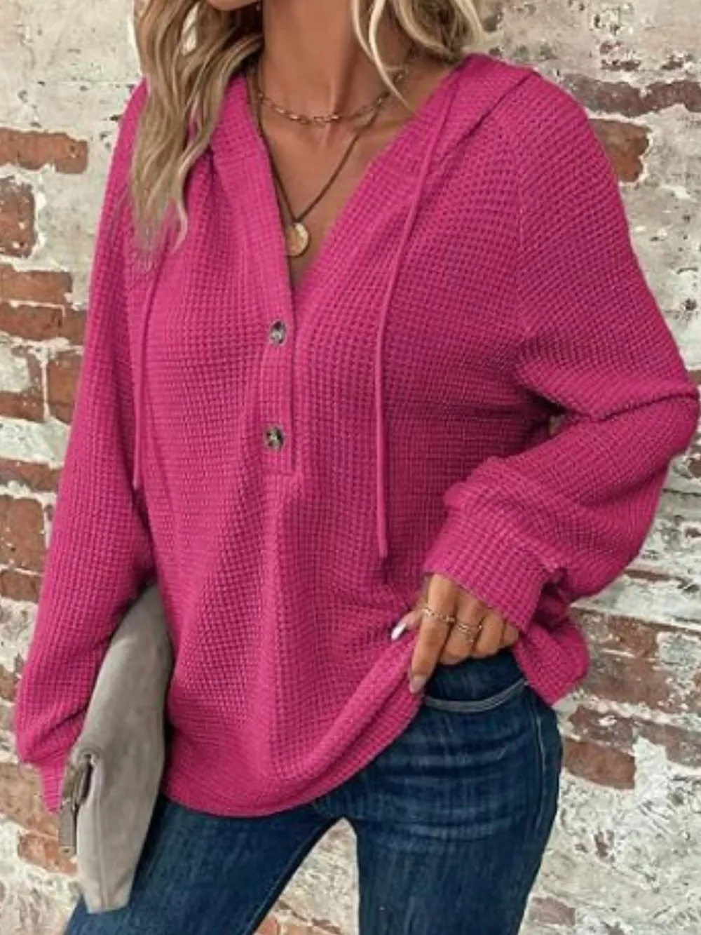 Waffle Knit Button Detail Hoodie, image 3