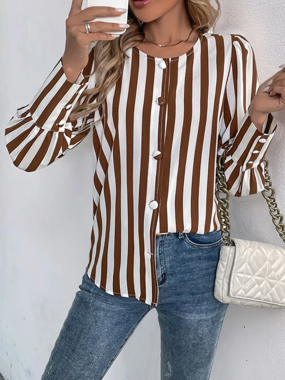 Striped Round Neck Long Sleeve Blouse, image 2