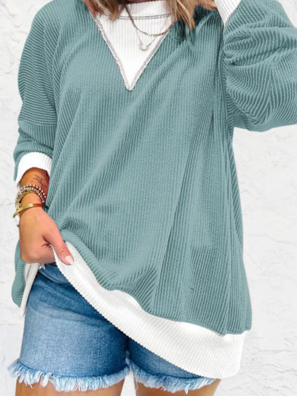 Two-Tone Ribbed Knit Sweatshirt, image 20