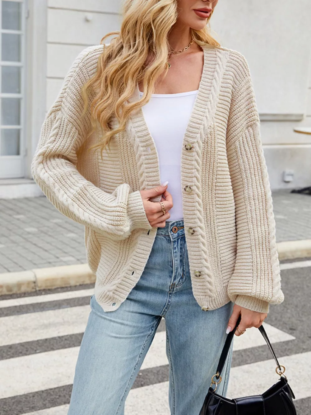 Cable Knit Button-Up Cardigan, image 6