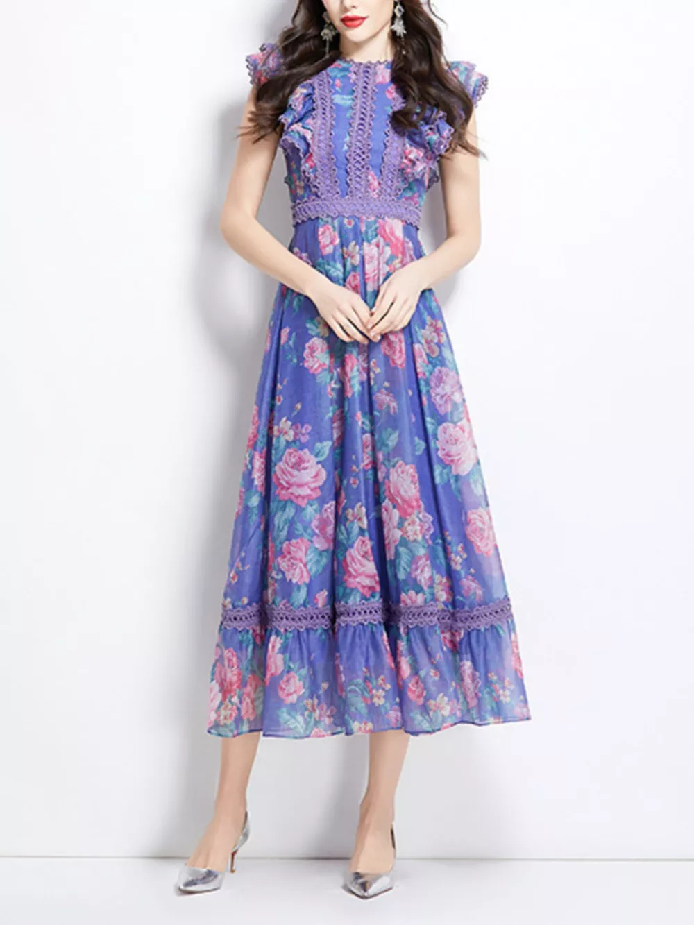 Floral Print Ruffle Sleeve Midi Dress, image 2