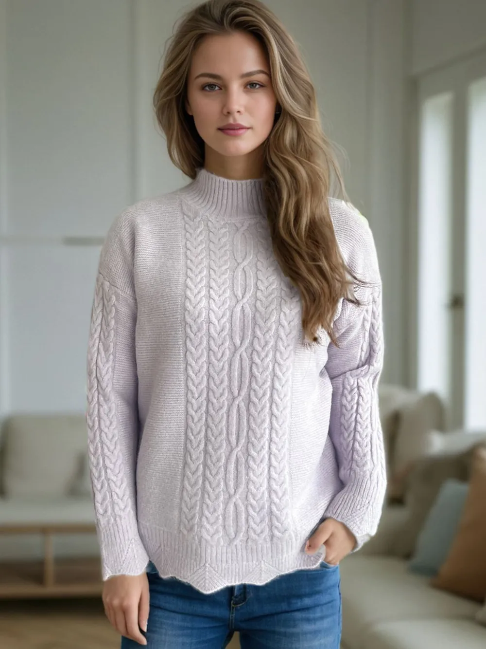 Cable-Knit Mock Neck Dropped Shoulder Sweater, image 8