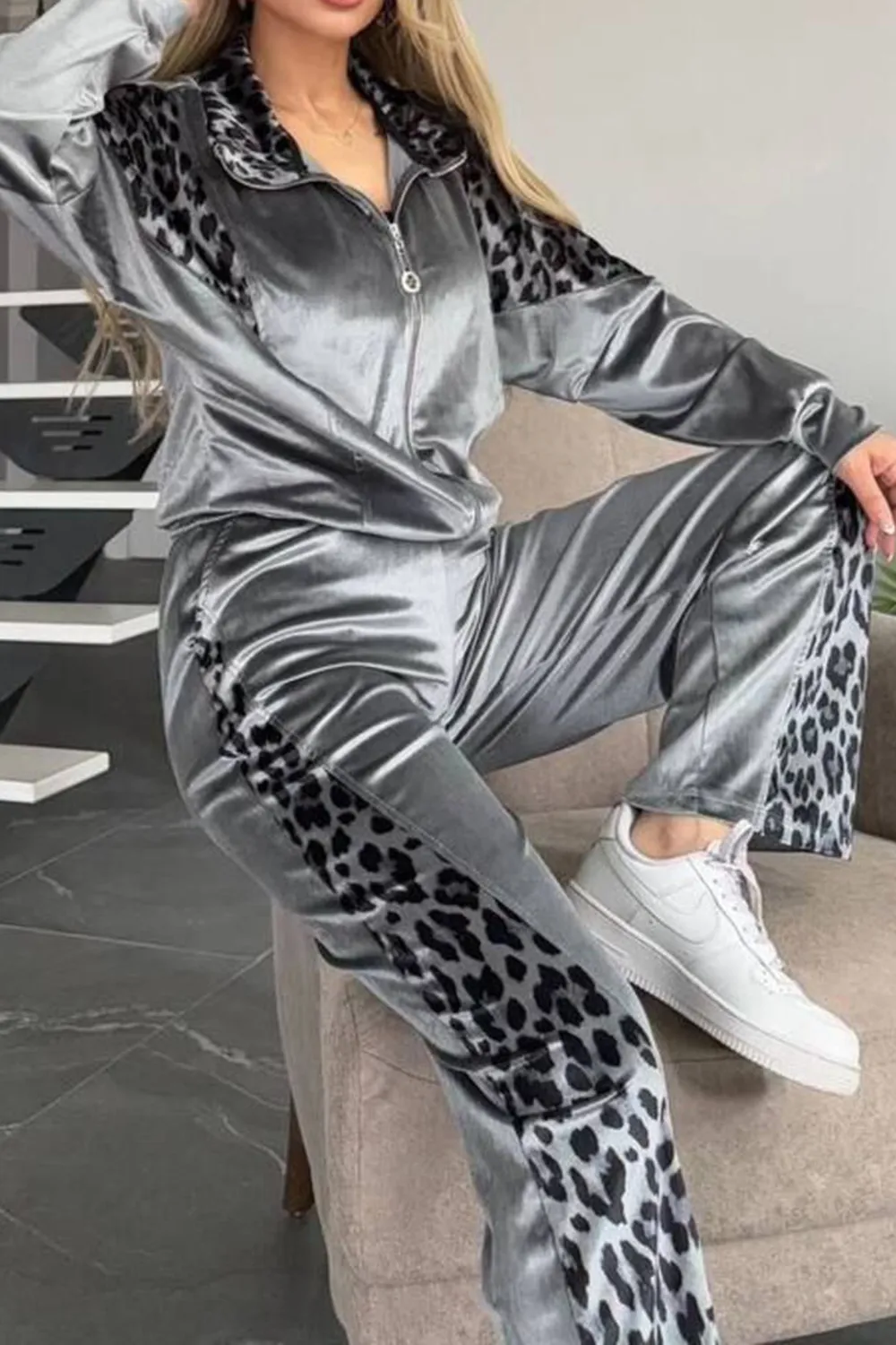 Full Size Collared Neck Leopard Zip Up Top and Pants Set Plus Size, image 2