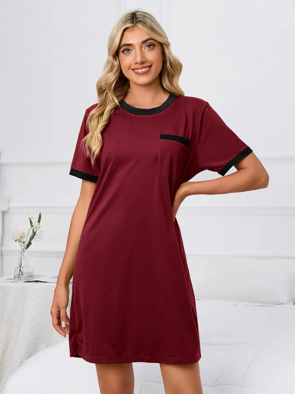 Contrast Trim Round Neck Mini Dress, image 4
