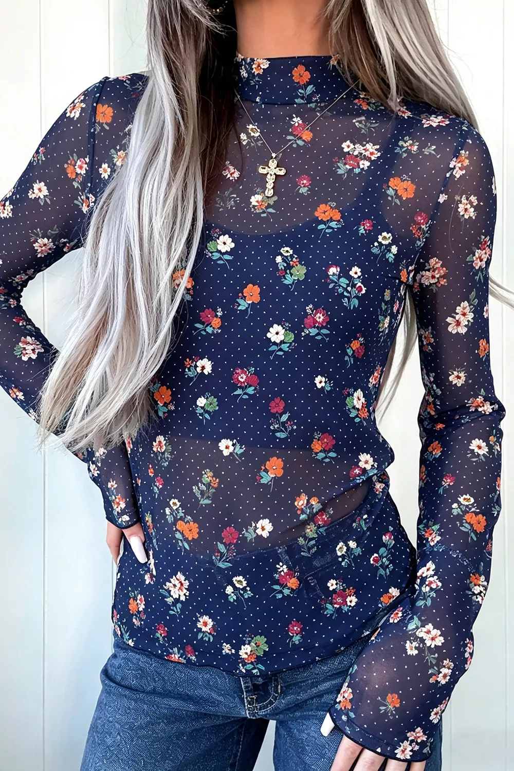 Polka Dot Floral Mesh Long Sleeve High Neck Pullover Sheath Top, image 2