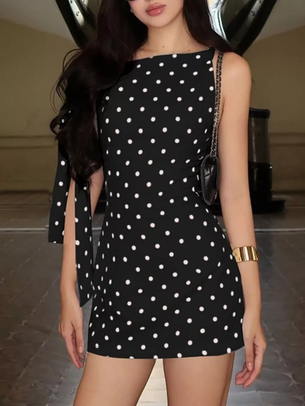 Polka Dot Sleeveless Mini Dress with Bow Accents, image 14