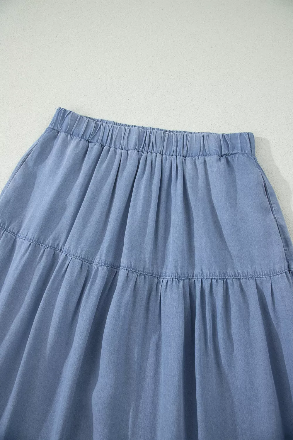 Elastic Waist Ruffled Tiered Flared Denim Maxi Skirt, image 7
