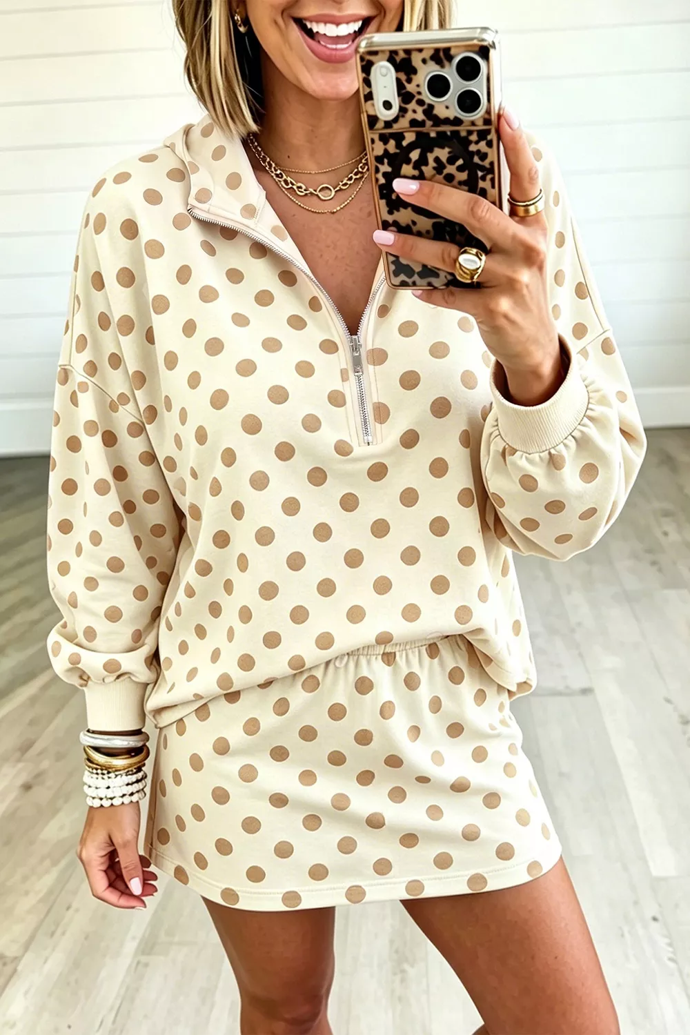 Polka Dot Hooded Long Sleeve Top Casual Mini Skort Set, image 4