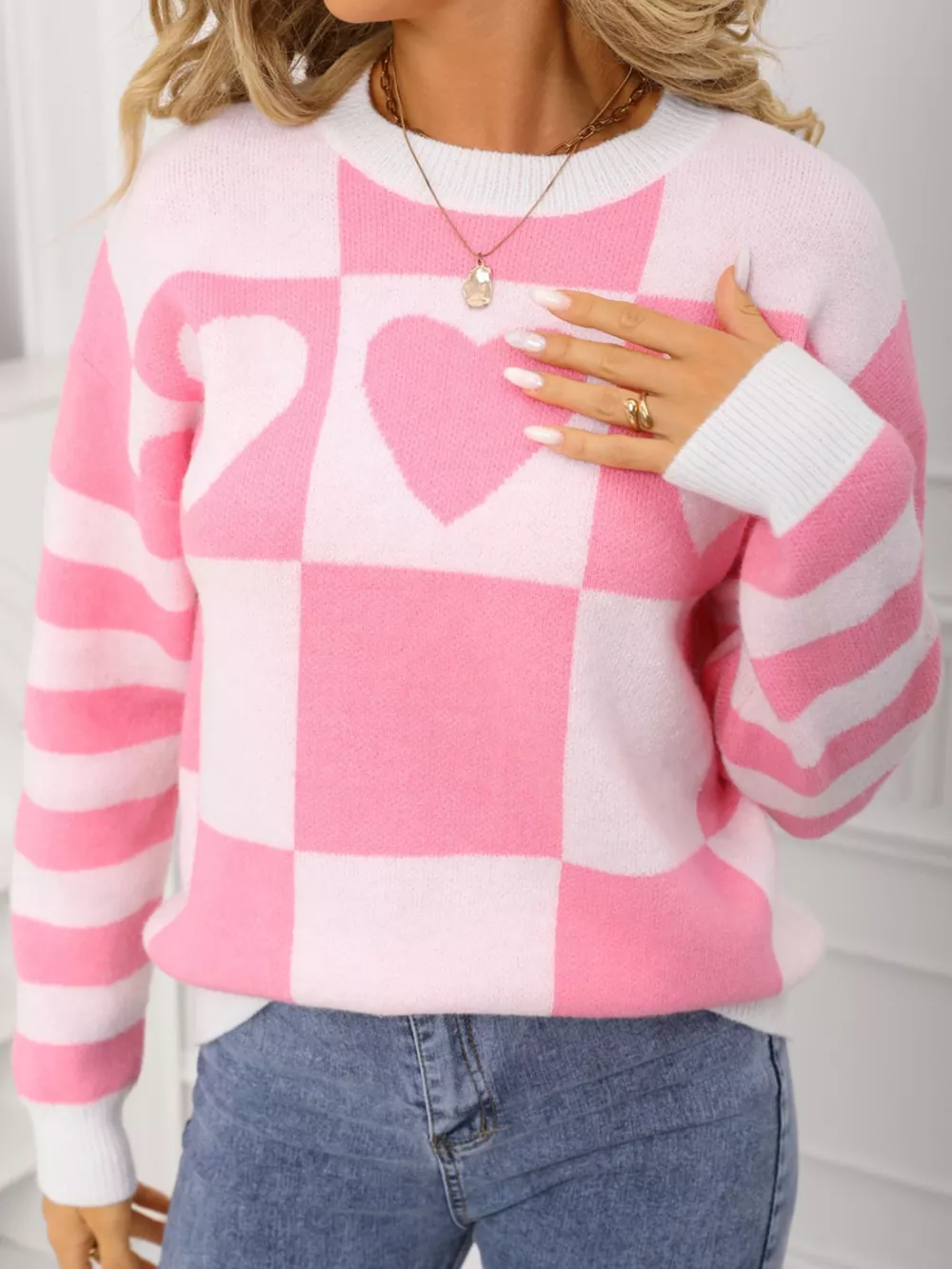 Heart Pattern Checkerboard Knit Sweater, image 12