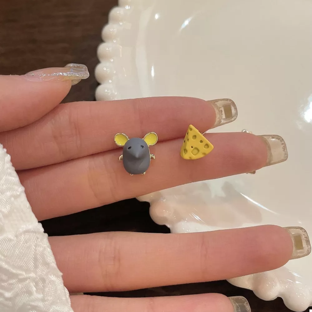 Asymmetrical Mouse & Cheese Stud Earrings, image 4