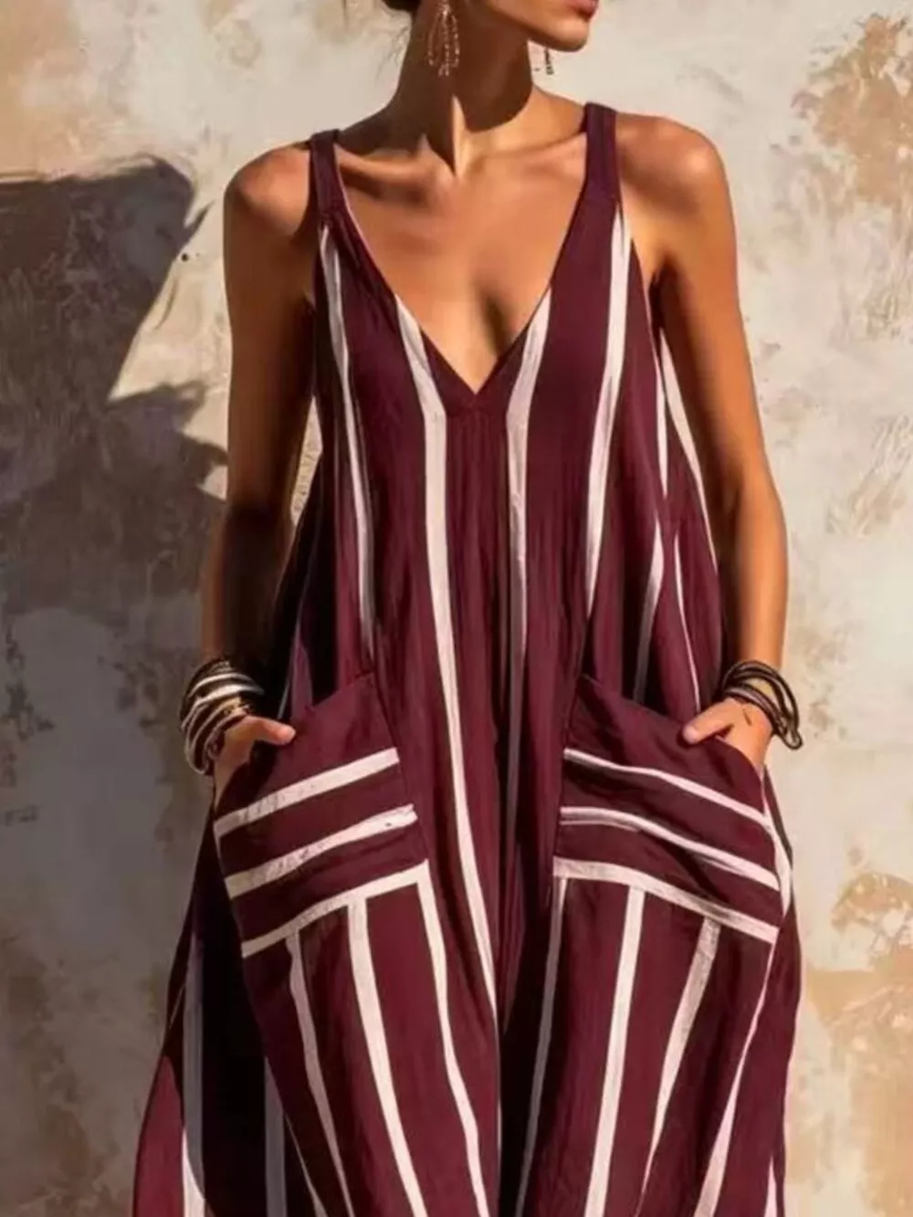 Striped V-Neck Sleeveless Wide-Leg Jumpsuit, image 11