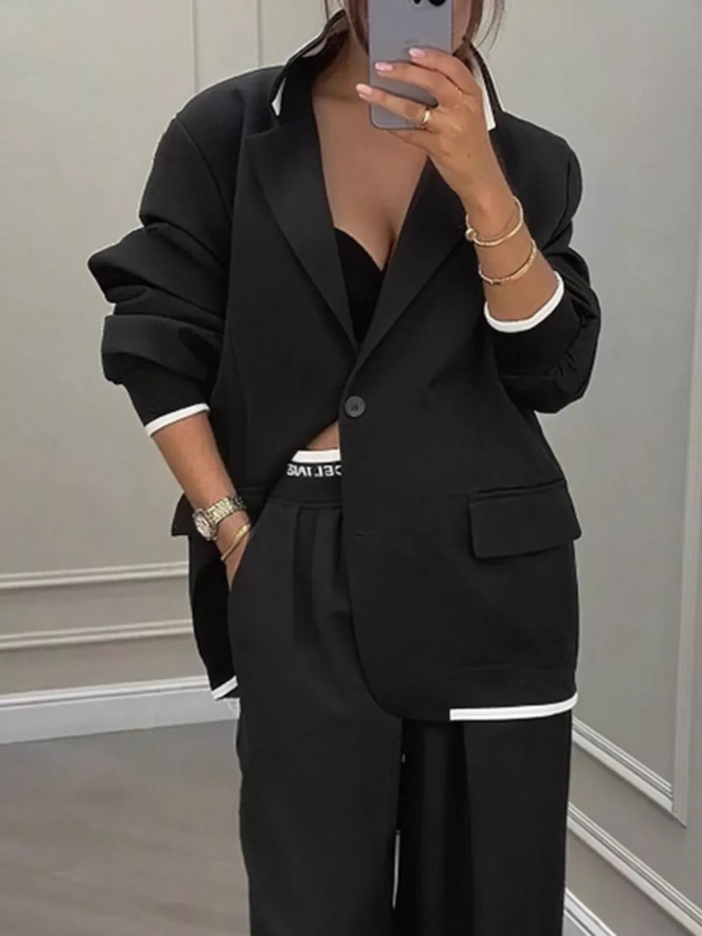 Full Size One Button Blazer and Wide-Leg Pants Set Plus Size, image 4