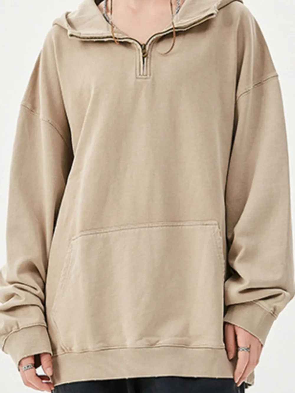 Men's Washed Quarter-Zip Hoodie with Kangaroo Pocket, image 7