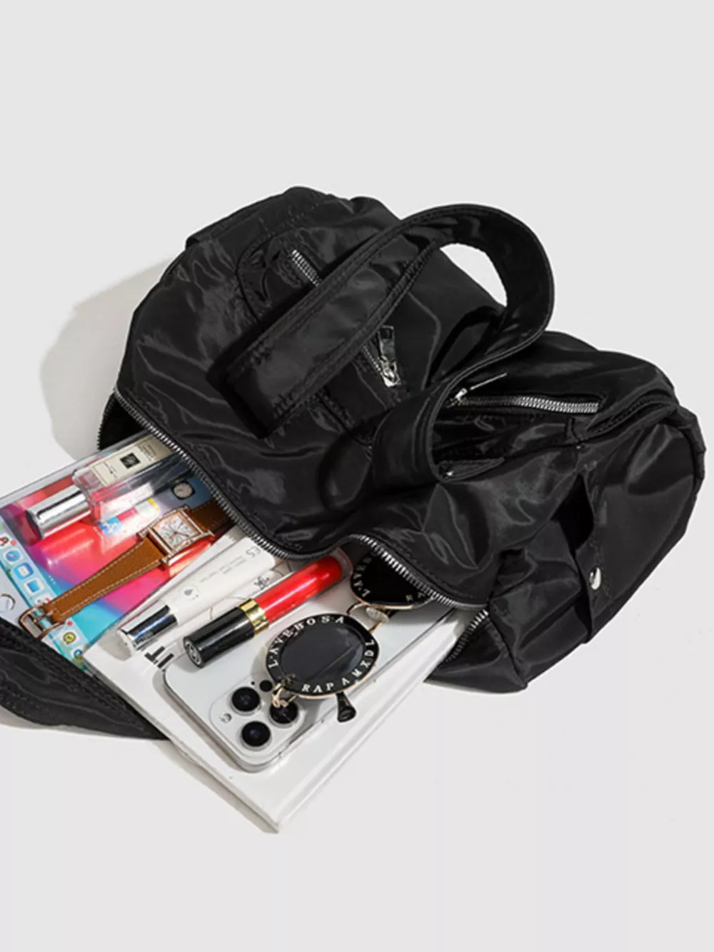 Minimalist Nylon Barrel Shoulder Bag with Multi-Pocket Utility, image 10