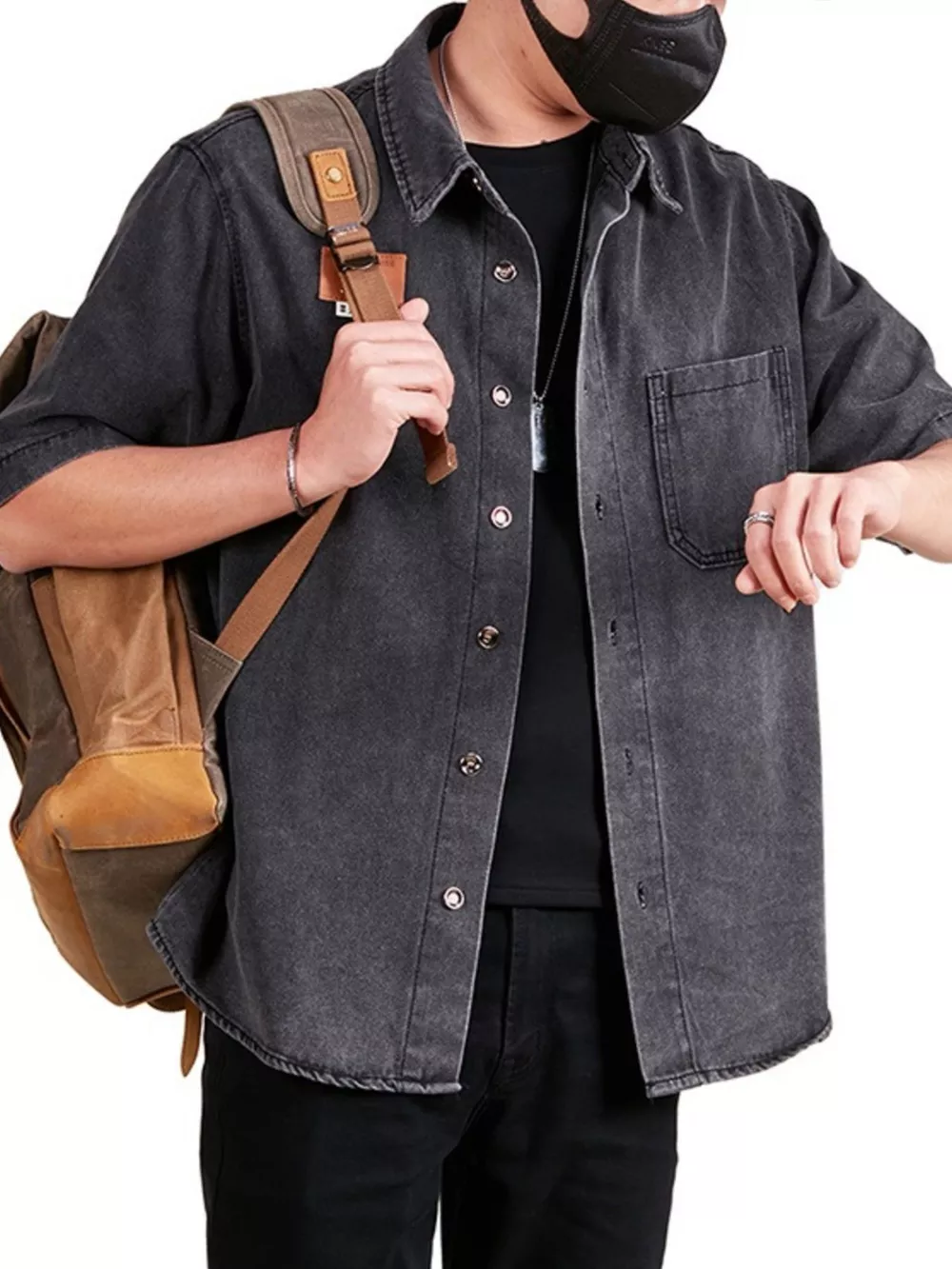Men's Plus Size Button Up Half Sleeve Denim Shirt, image 5