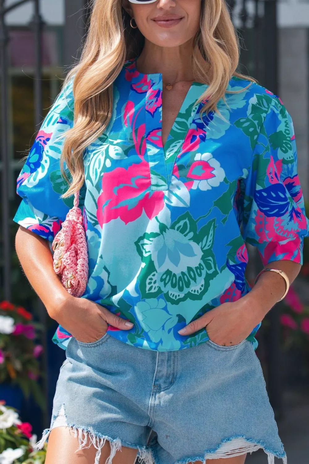Floral Print V Neck Half Sleeve Blouse, image 4