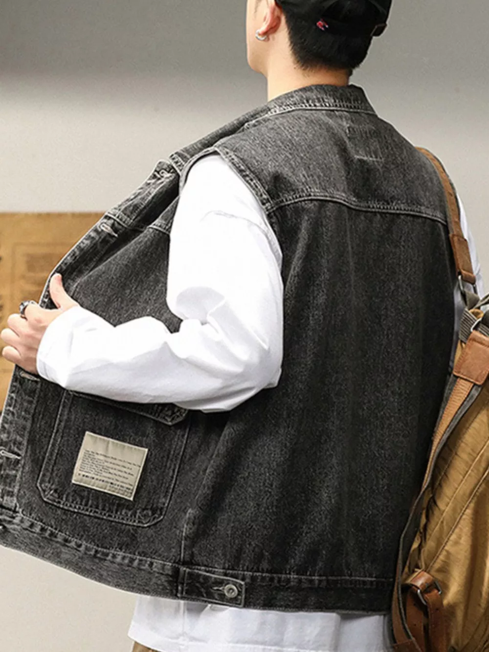 Men's Plus Size Vintage Washed Button Up Denim Vest, image 3