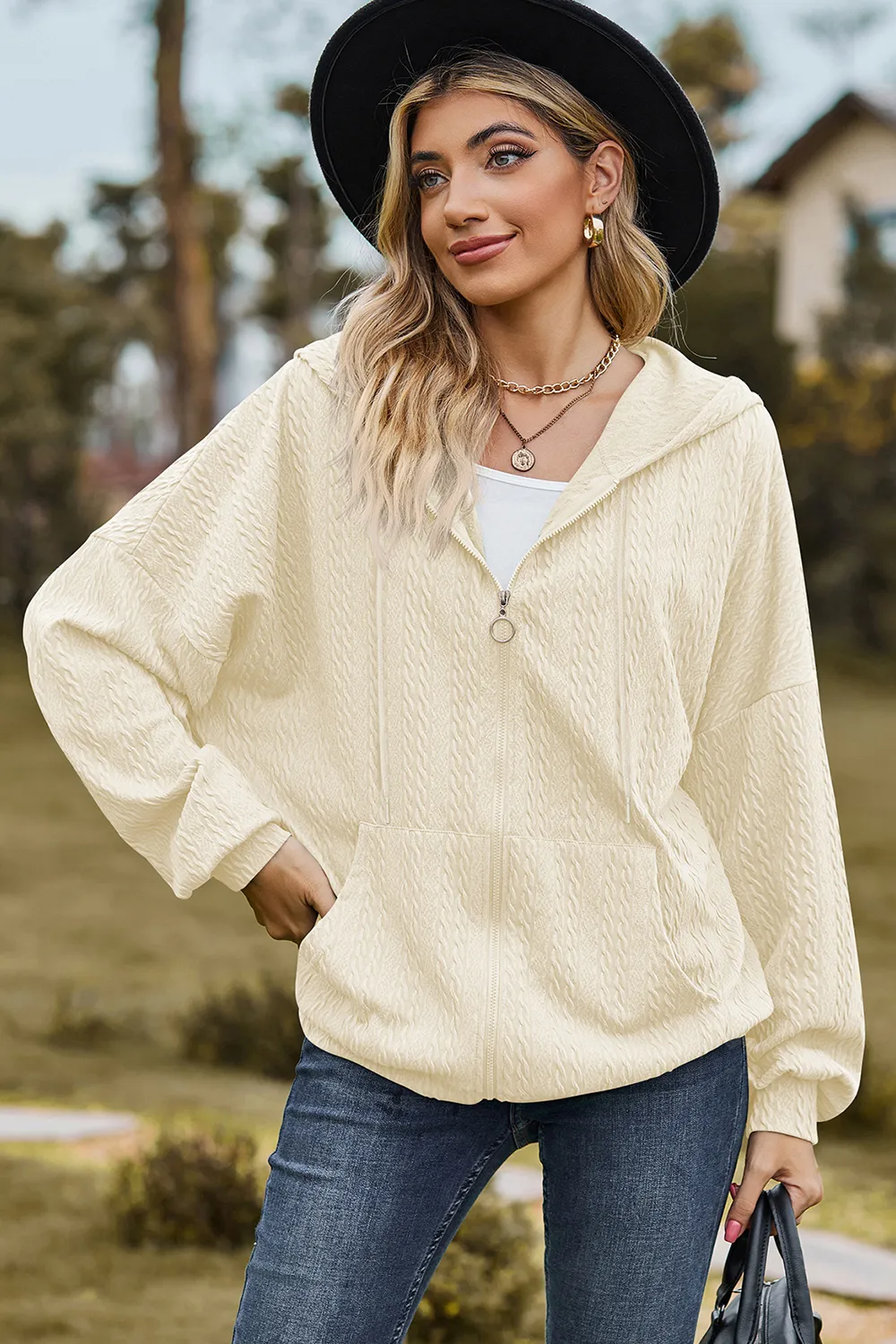 Drawstring Zip Up Dropped Shoulder Hoodie, image 29