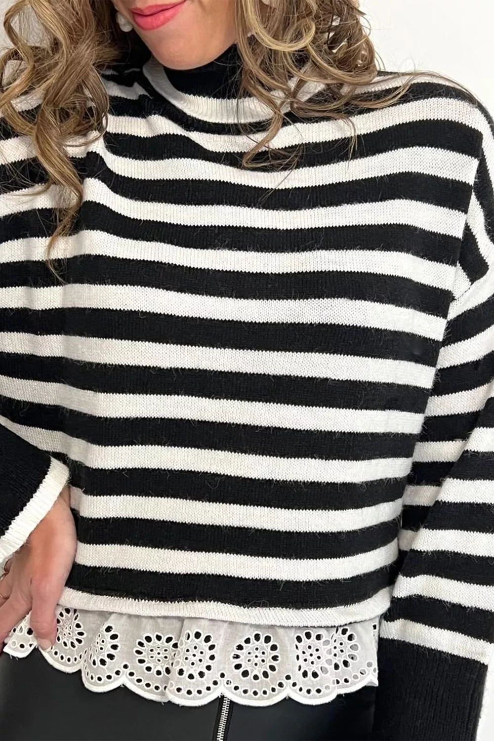 Striped High Neck Contrast Ruffle Detail Casual Sweater, image 6