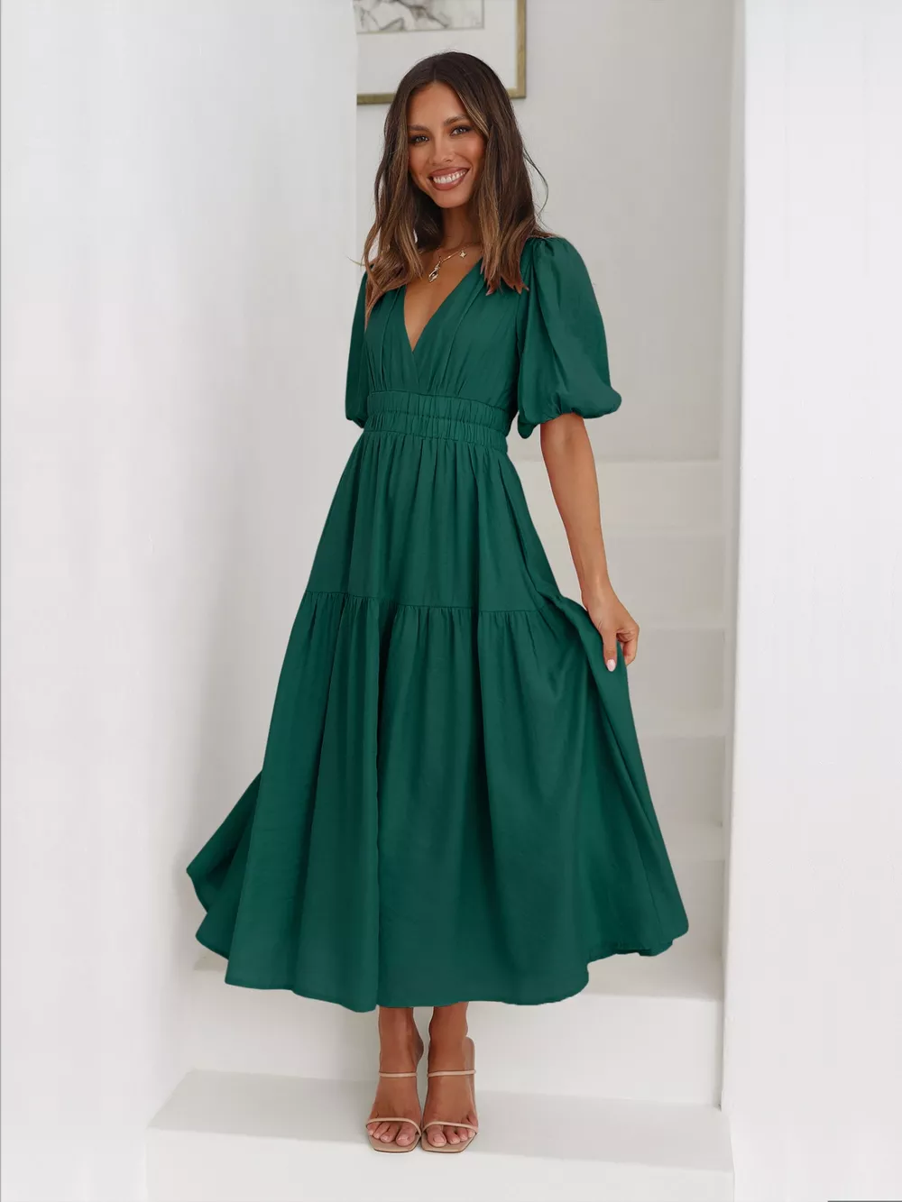 Tiered Puff Sleeve Midi Dress, image 3