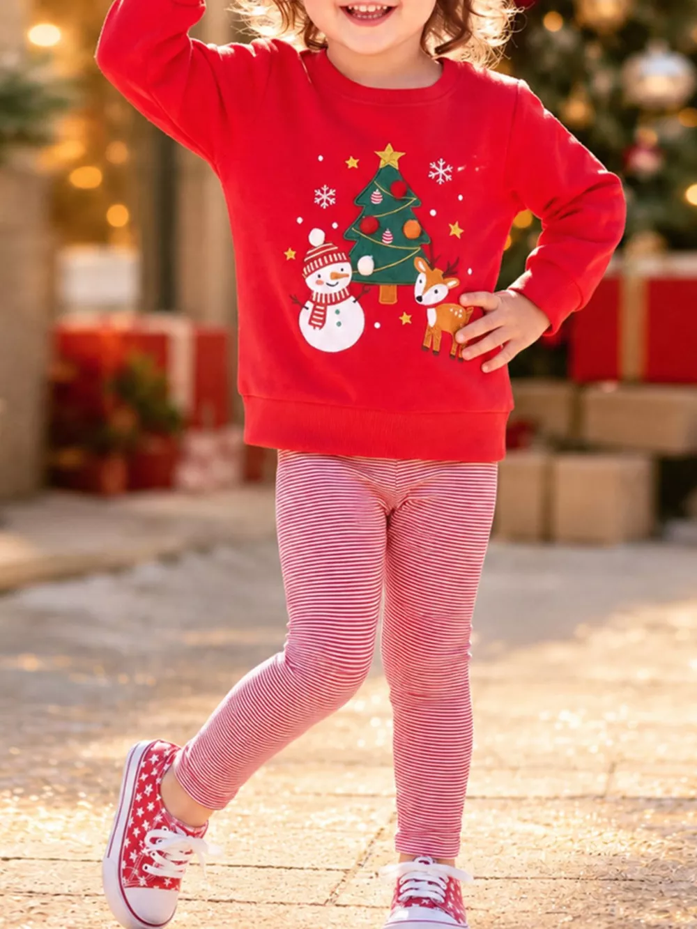 Children's Christmas Themed Sweatshirt and Striped Leggings Set
