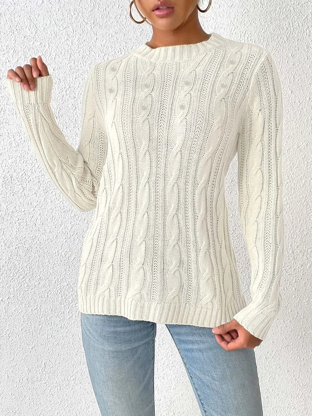Cable-Knit Round Neck Long Sleeve Sweater, image 10