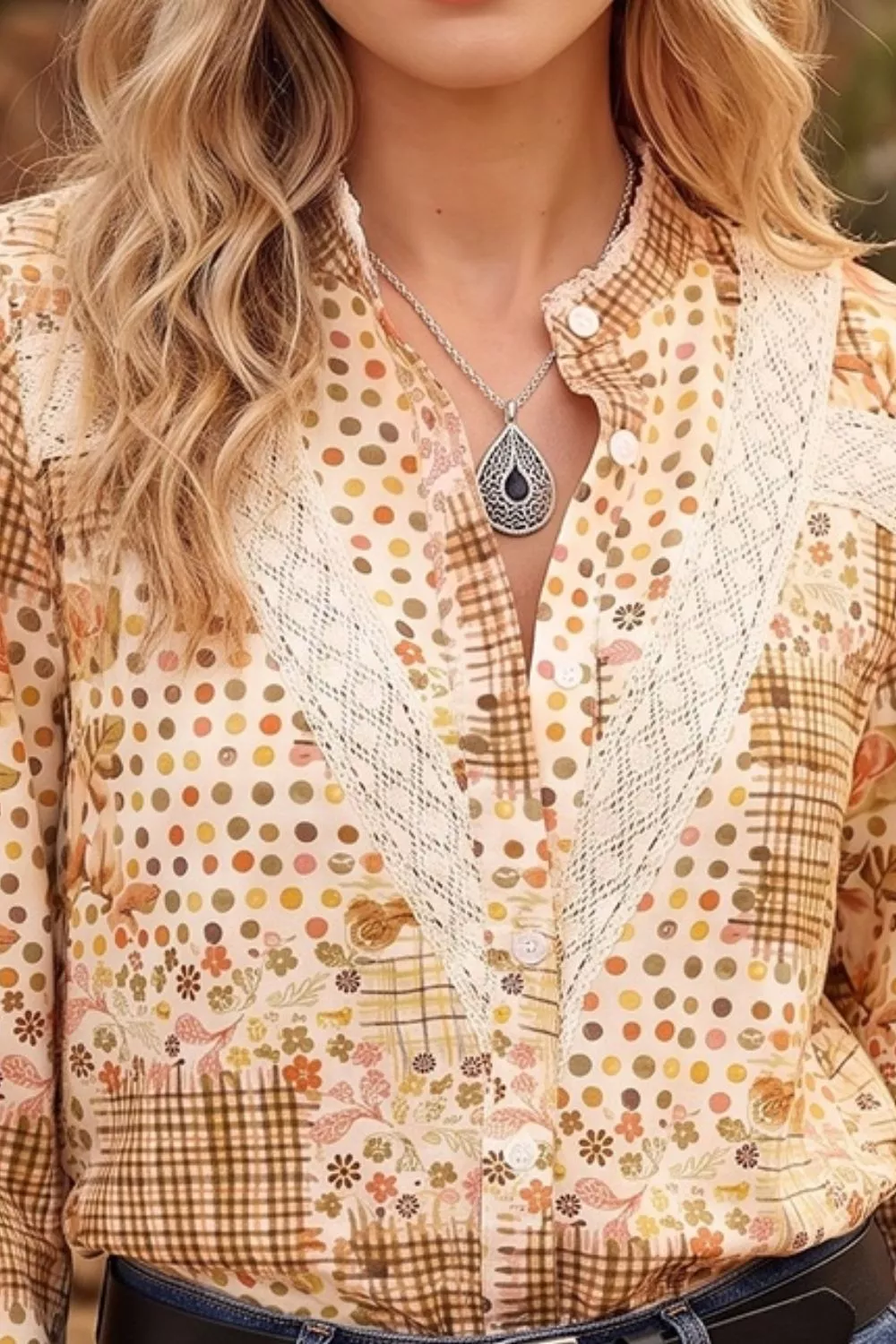 Floral Lace Trim Button Down Long Sleeve Shirt, image 3