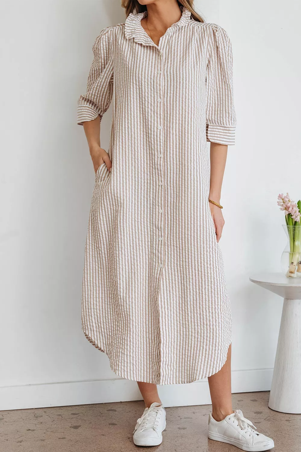 Stripe Frilled Collar Half Sleeve Shirt Dress, image 2