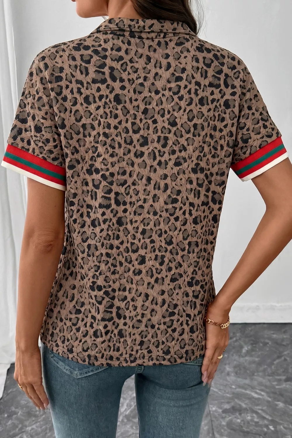 Leopard Jacquard Striped Patchwork Half Zip Short Sleeve Blouse, image 4