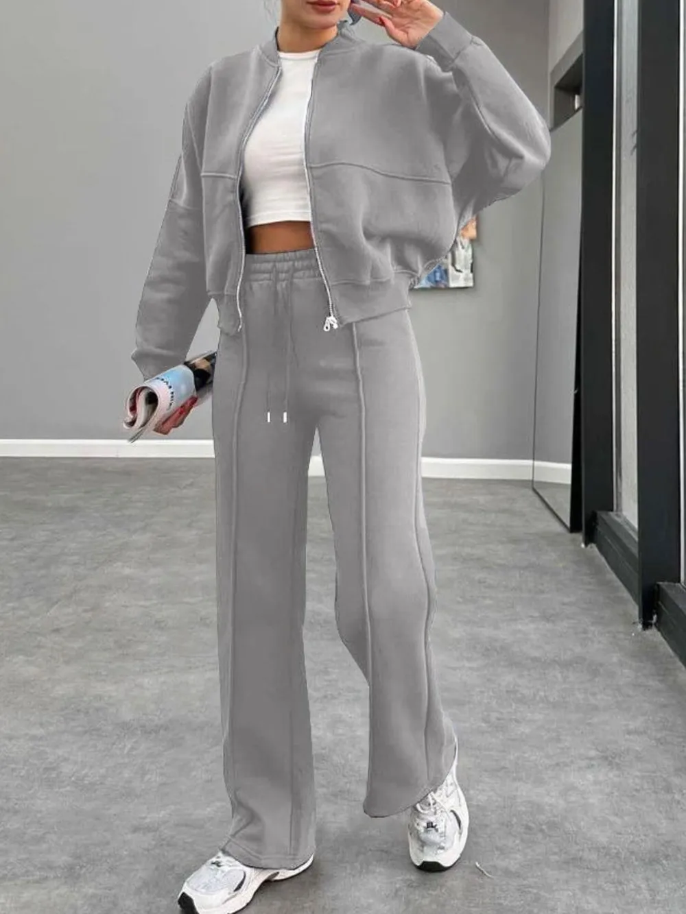 Baseball Collar Zip Up Outerwear and Drawstring Pants Set, image 4