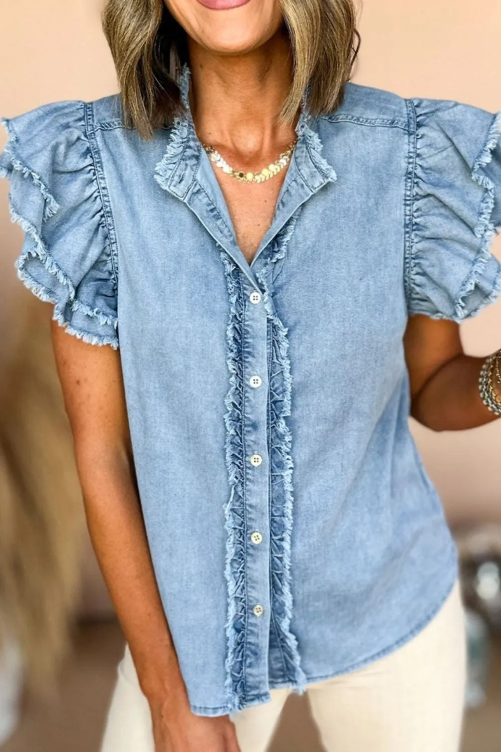 Button Down Raw Hem Ruffled Denim Shirt, image 2