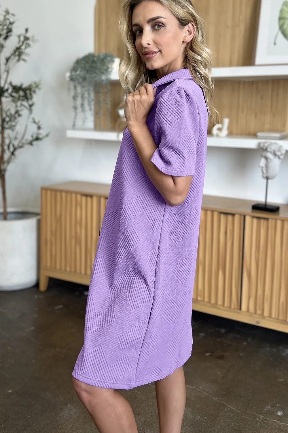 Full Size Texture Collared Neck Short Sleeve Dress, image 4