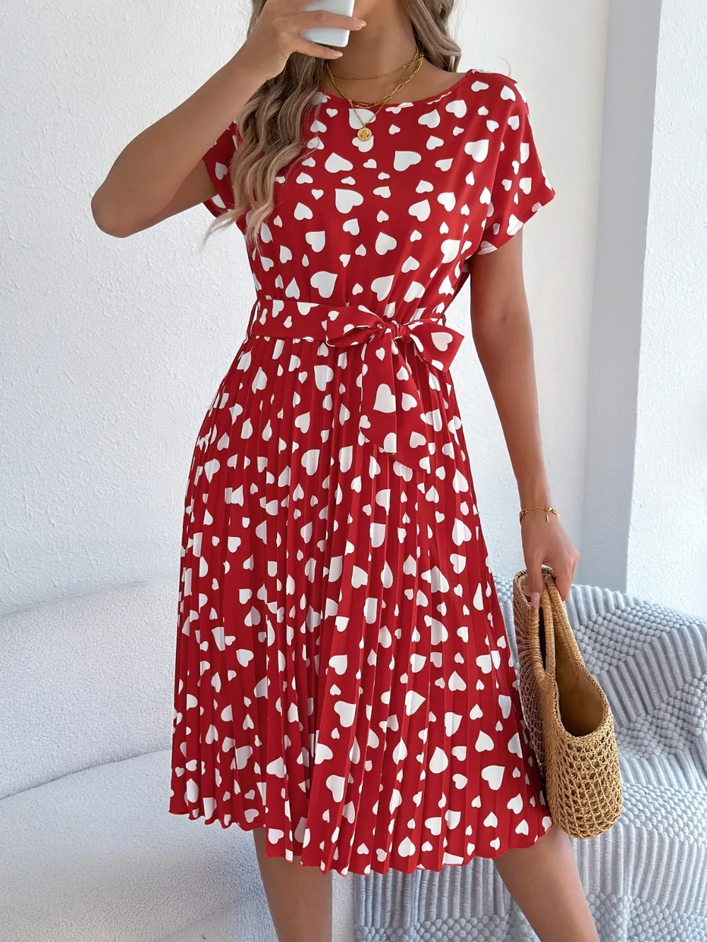Heart Print Short Sleeve Tie Waist Dress, image 14