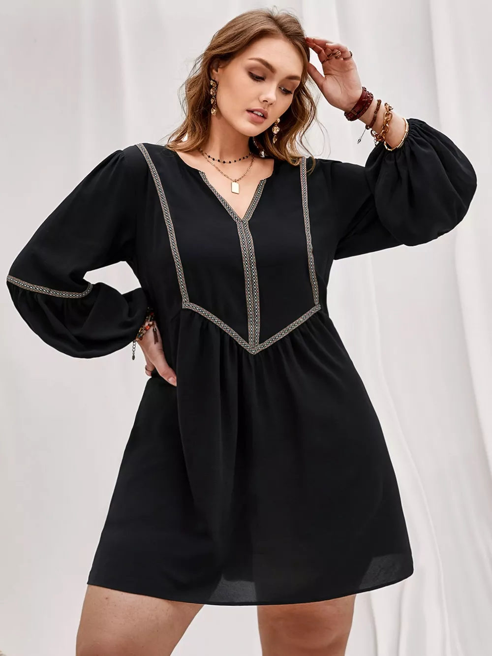 Plus Size Notched Balloon Sleeve Mini Dress, image 2