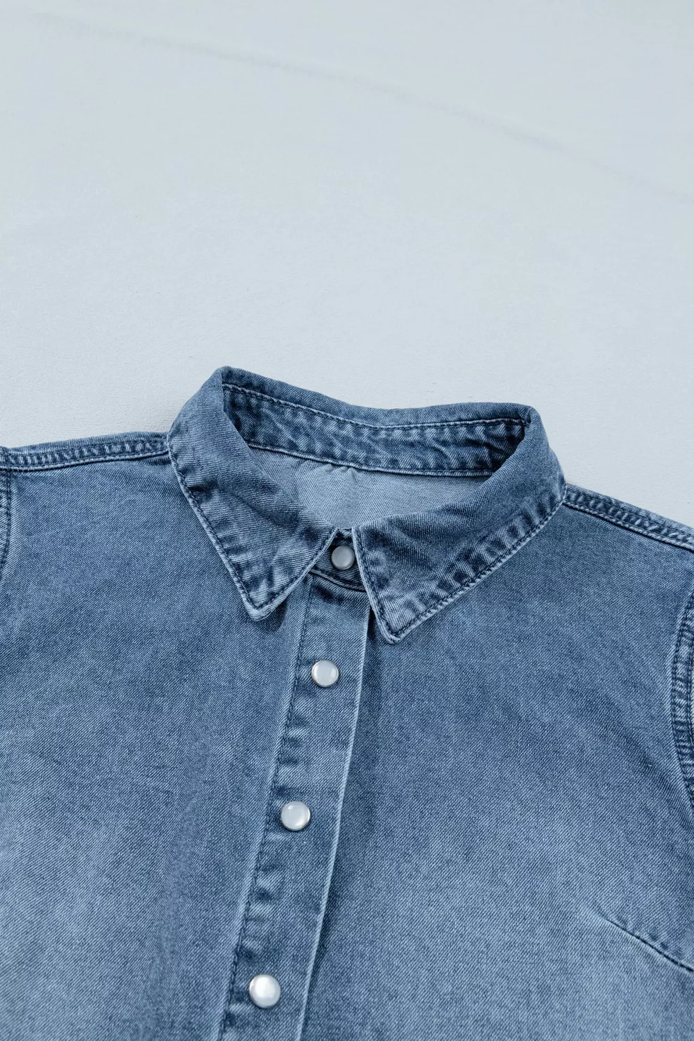 Frilled Short Sleeve Snap Button Denim Shirt, image 6