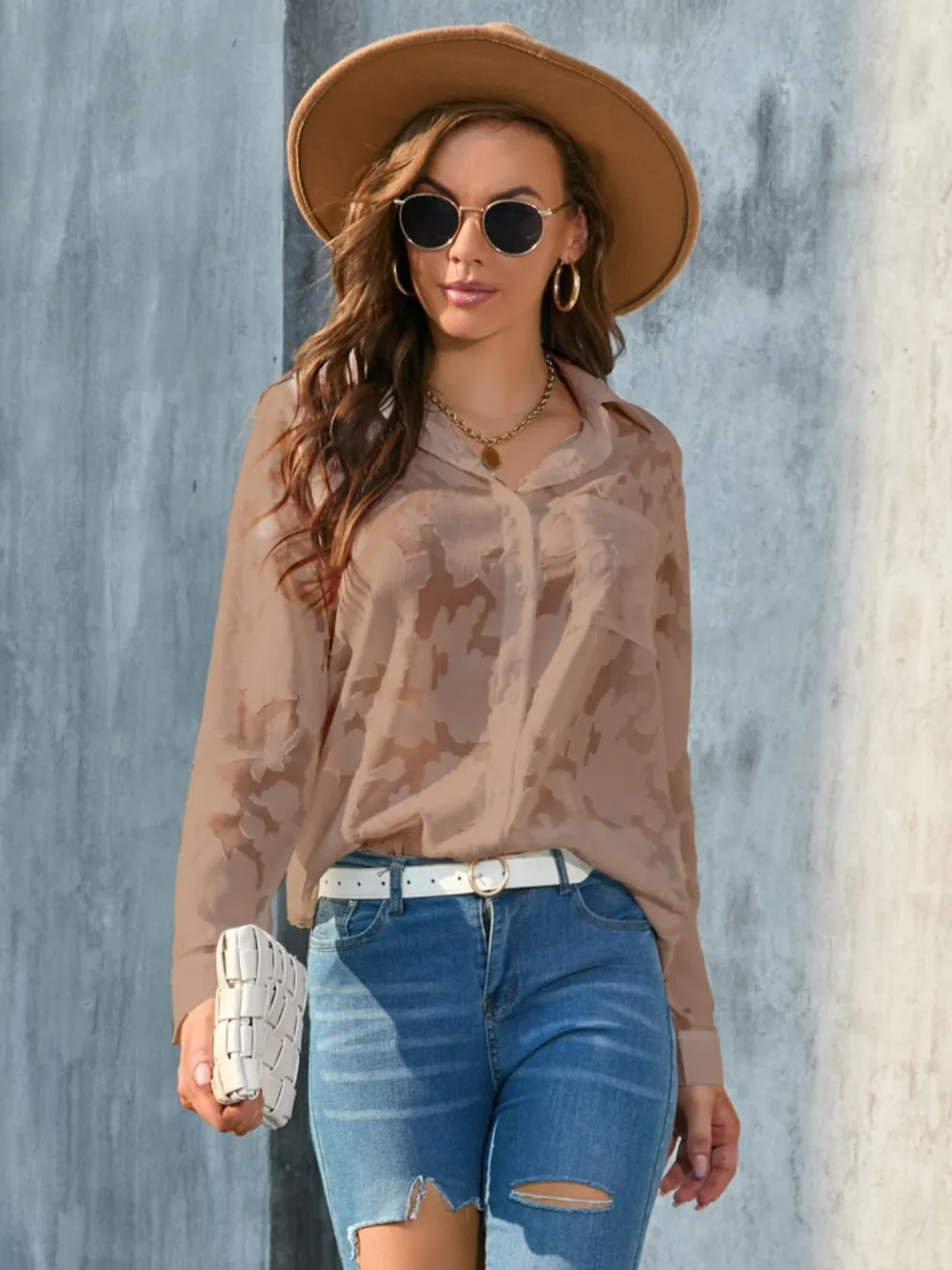 Full Size Collared Neck Long Sleeve Shirt Plus Size, image 22