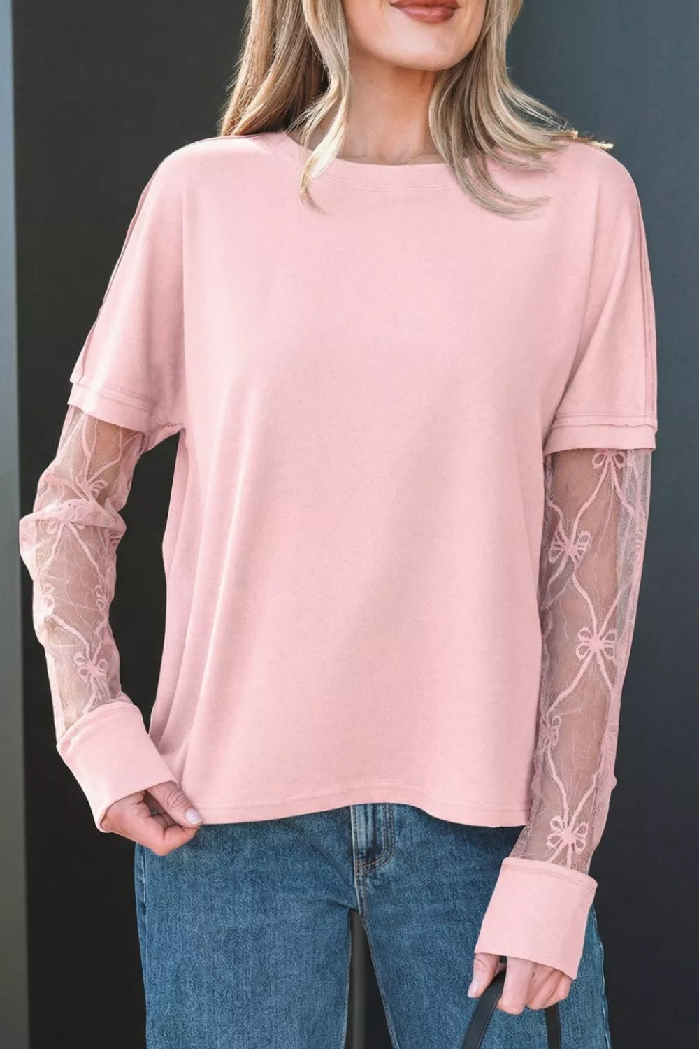 Solid Color Bow Textured Patchwork Long Sleeve Tee, image 3