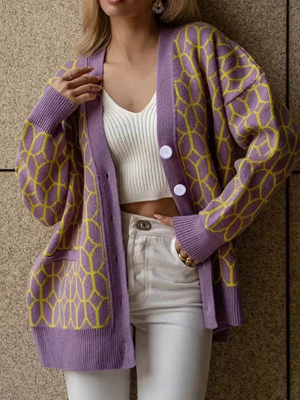 Geometric Patterned Button-Down Cardigan, image 2