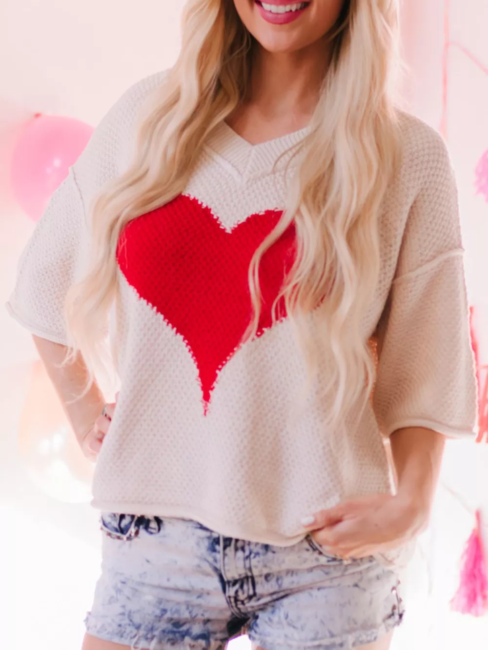 V-Neck Dropped Sleeve Heart Print Valentines Sweater, image 2