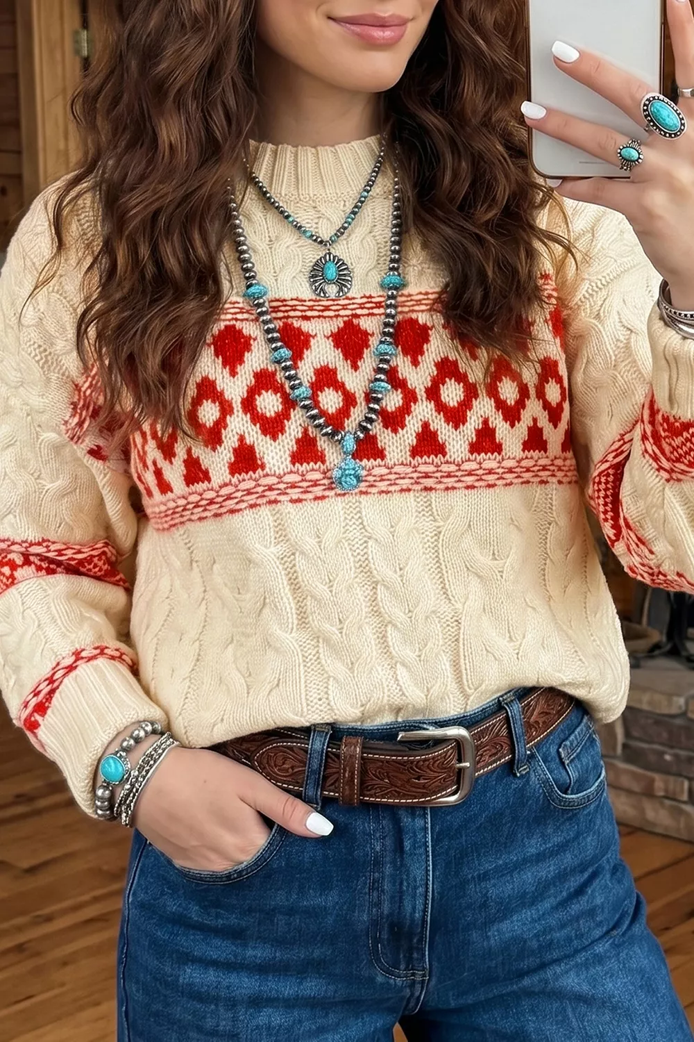 Western Print Round Neck Long Sleeve Shift Sweater, image 5