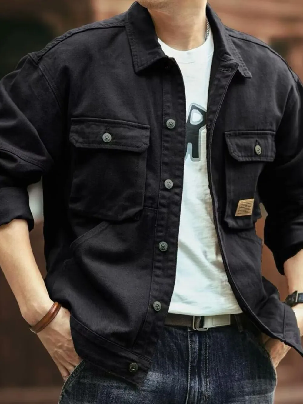 Men's Washed Collared Neck Cargo Jacket