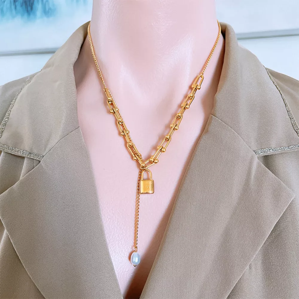 18K Gold-Plated Lock Pendant Necklace, image 2