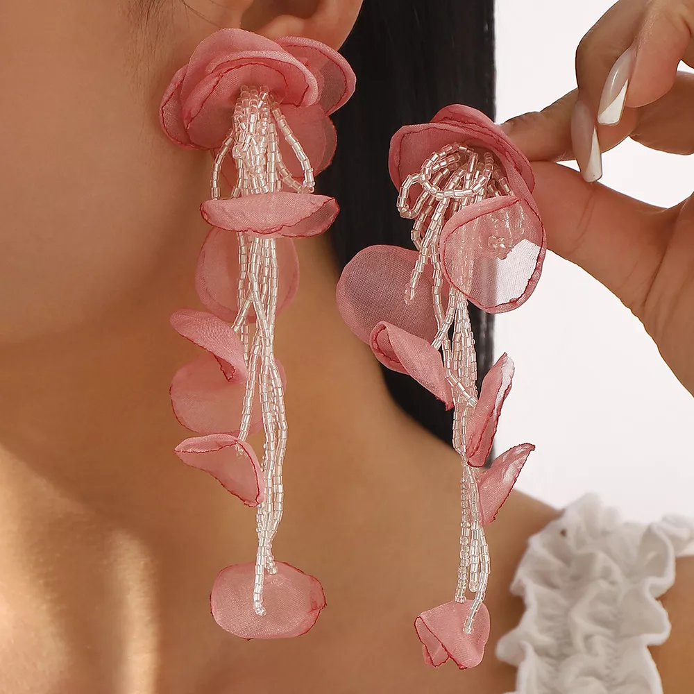 Floral Petal Beaded Tassel Drop Earrings