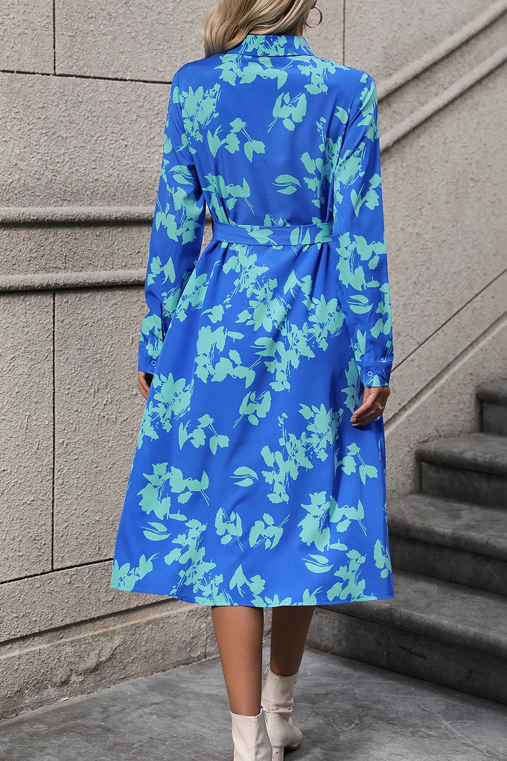 Printed Button Up Tie Waist Dress, image 3