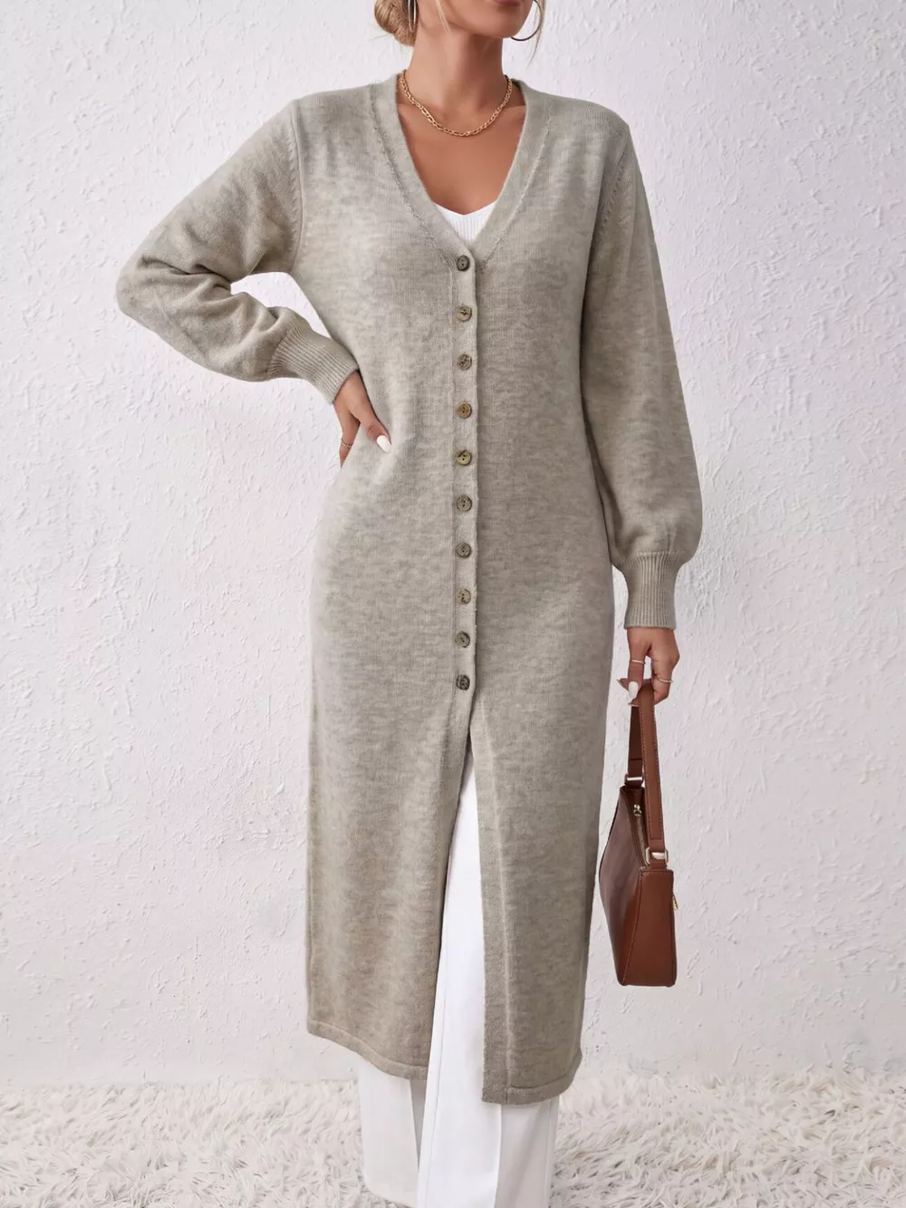 Elegant Longline Button-Front Cardigan with Lantern Sleeves, image 3