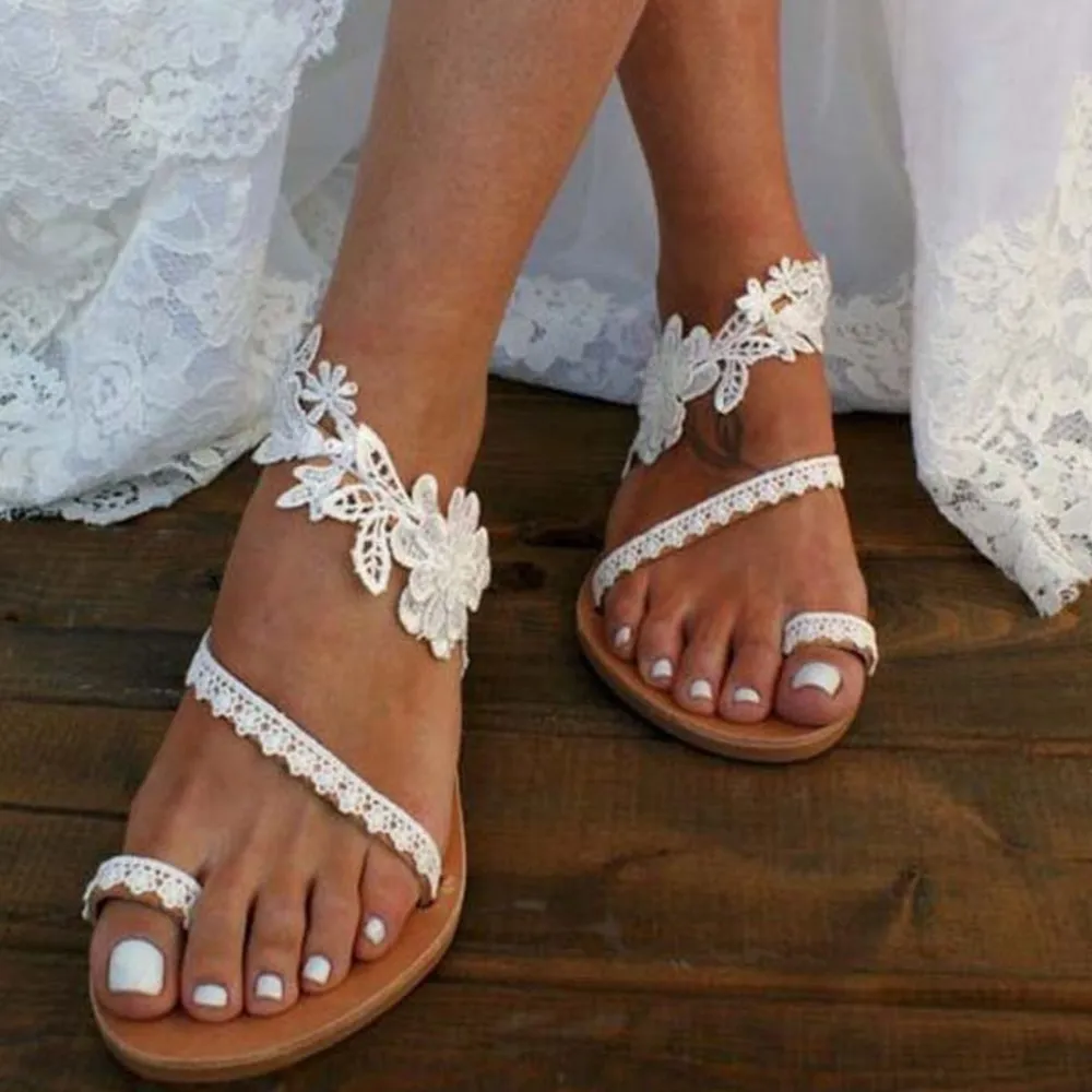 Lace Flower Toe Ring Flat Sandals, image 4